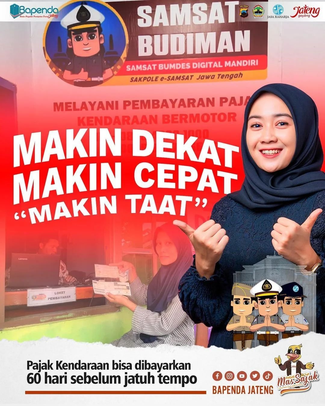 Makin banyak pilihan, semakin memudahkan masyarakat. Pelayanan Samsat makin dekat, masyarakat makin taat pajak kendaraan. Pembayaran pajak kendaraan sudah mulai bisa dilakukan sejak 60 hari sebelum jatuh tempo, jadi jangan sampai terlewatkan ya Kawan Rasika!