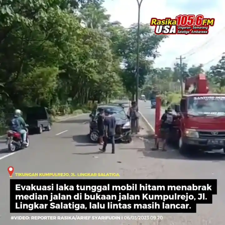 Infografis | Evakuasi mobil pribadi yang menabrak median jalan di bukaan jalan Kumpulrejo, Jl. Lingkar Salatiga, oleh mobil derek. Informasi kejadian kecelakaan tunggal Rasika terima sekitar pukul 08.50 tadi. Mobil rusak bagian depan dan lalu lintas masih relatif lancar dua arah.