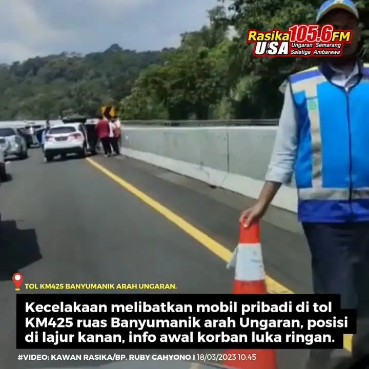 Infografis #infokejadian #UpdateLalin 18/03/2023 | 10.45 | Kecelakaan melibatkan mobil pribadi lokasi di tol Semarang Solo ruas Banyumanik arah Ungaran tepatnya di KM425. Mobil warna putih rusak bagian depan sedang evakuasi baik korban maupun kendaraan. Informasi awal korban luka ringan, kendaraan posisi di lajur kanan.