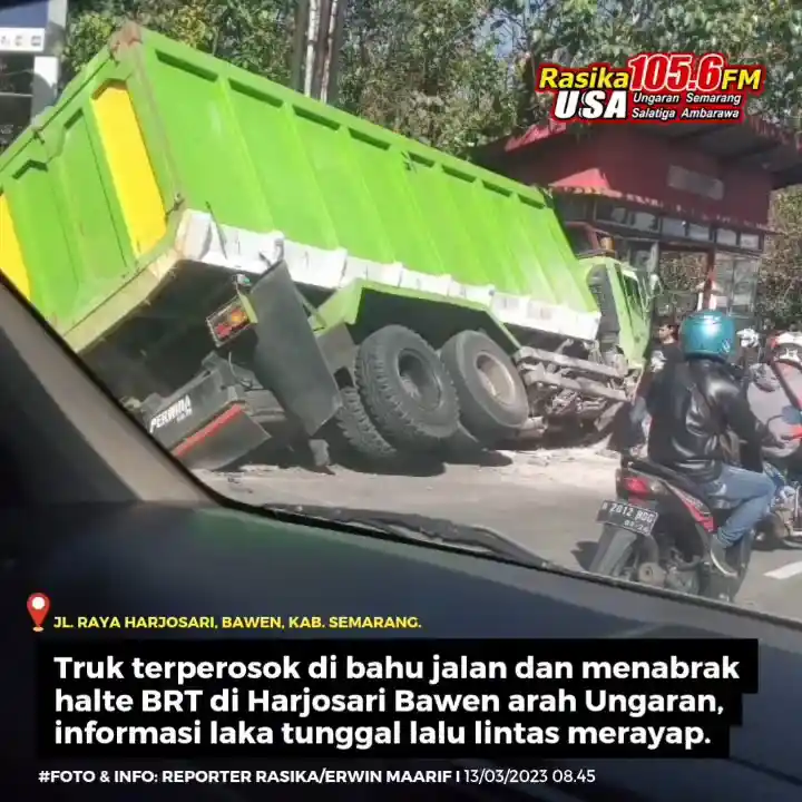 Infografis | Truk menabrak halte BRT dan terperosok di tepi jalan, lokasi di Jl. Raya Harjosari, Bawen, jalur arah ke Ungaran. Persis di halte sebelah SPBU Harjosari, bagian depan truk rusak dan ada bagian halte yang rusak, posisi badan truk di bahu jalan sementara kendaraan masih merayap.