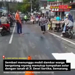 Infografis | Atas laporan pengguna jalan mengenai tumpahan solar di tepatnya sekitar lampu lalu lintas Jl. Dewi Sartika, Semarang, sembari menunggu mobil damkar warga sekitar bergotong-royong untuk menutup solar dengan tanah. Sebagian mengatur jalan dan beberapa mengangkut tanah dari rumah sekitar. Kendaraan sempat merayap yang dari Gunungpati arah Sampangan. (UPDATE 11.35) Sudah ada mobil damkar mbak Tria di lokasi sedang nyemproti jalannya. Info: Bp. Imron.