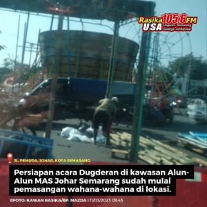 nfografis | Jelang Ramadhan tahun 2023 Kota Semarang kembali mengadakan acara Dugderan, masih berlokasi di area Alun-Alun Masjid Agung Semarang, Johar. Kiriman foto Kawan Rasika pagi ini sudah mulai ada booth dan wahana-wahana yang dipasang. Lalu lintas di sekitar Jl. Pemuda area Johar Semarang padat karena aktivitas persiapan tersebut. Lihat rambu dan tanda yang sudah dipasang, cuaca cerah pagi ini.