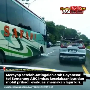 Terjadi kecelakaan melibatkan bus dan mobil pribadi di jalan tol Semarang ABC ruas Jatingaleh arah Gayamsari. Tepatnya di sekitar bawah Candi Golf, bus berhenti di lajur kanan dan kaca depan pecah. Sementara mobil masih evakuasi di bahu jalan, lalu lintas merambat.