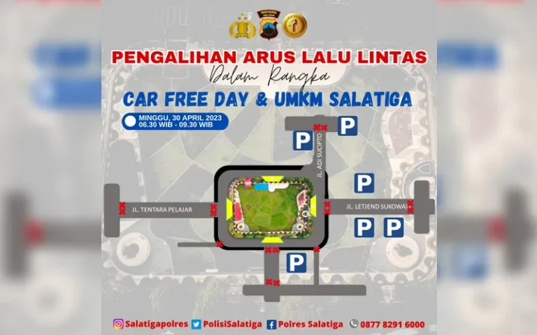 Peringatan Hari Tari Sedunia di Kota Salatiga pada tanggal 30/04/2023 akan diadakan Car Free Day dan pameran UMKM. Dalam acara ini, Pemkot Salatiga akan mengadakan kegiatan yang dapat meningkatkan sektor perekonomian dan menarik perhatian massa. Untuk menjamin kelancaran dan keamanan kegiatan, Polres Salatiga akan melakukan rekayasa arus lalu lintas dengan menutup atau mengalihkan arus lalu lintas yang menuju Alun-Alun Lapangan Pancasila.