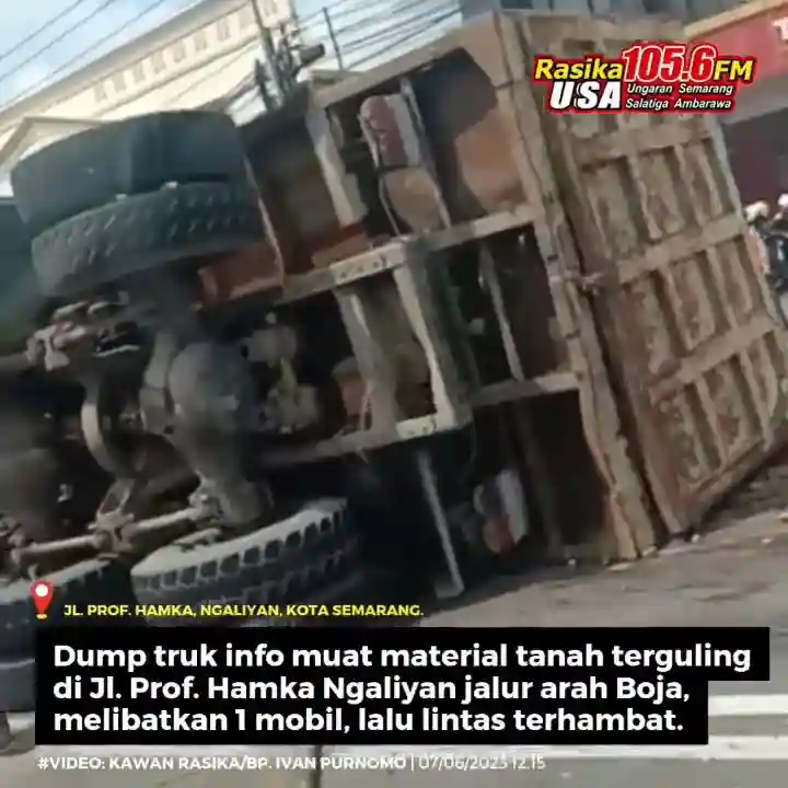 #infokejadian #UpdateLalin 07/06/2023 12.15 | Lalu lintas tersendat dua arah di Jl. Prof. Hamka Ngaliyan, Kota Semarang, imbas kecelakaan truk info muat tanah terguling di depan kantor cabang Bank Mandiri Ngaliyan. Ada 1 mobil pribadi yang terlibat, korban dan kronologi detail menunggu rilis pihak berwajib.