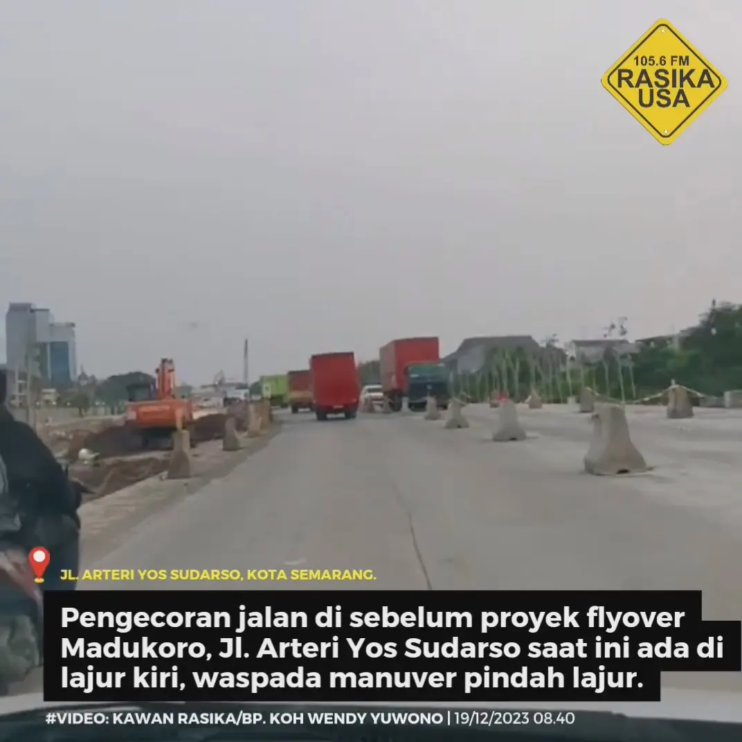 Sebelum dan sesudah proyek flyover Madukoro Jl. Arteri Yos Sudarso, Semarang, saat ini sedang berlangsung pengecoran jalan di lajur kiri sekitar flyover. Harap waspada karena manuver berpindah lajur mengingat flyover belum bisa dilewati, sehingga beralih ke lajur frontage bawah proyek.