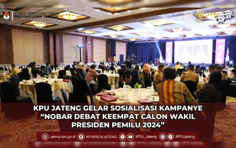 KPU Provinsi Jawa Tengah mengadakan Sosialisasi Kampanye "Nonton Bareng Debat Keempat Calon Wakil Presiden Pemilu 2024" di Patra Hotel & Convention Semarang. Acara dihadiri oleh berbagai pihak, termasuk Jajaran Forkopimda, Perwakilan Organisasi Masyarakat, Organisasi Kemahasiswaan, Organisasi Keagamaan, Perwakilan Perguruan Tinggi, dan Perwakilan Media Massa.