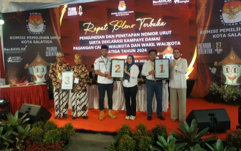 Komisi Pemilihan Umum (KPU) Kota Salatiga secara resmi menetapkan nomor urut pasangan calon (Paslon) Wali Kota dan Wakil Wali Kota yang akan bertanding pada 27 November mendatang. Pada sidang pleno terbuka yang berlangsung pada Senin, 23 September 2024, Paslon nomor urut 1 diberikan kepada dr. Robby Hernawan dan Nina Agustin yang diusung oleh Partai Gerindra, Demokrat, dan 11 partai non-parlemen lainnya, nomor urut 2 kepada Juan Rama-Sri Wahyuni dari PKB, dan nomor urut 3 kepada Sinoeng-Budi dari koalisi PDIP, PKS, Nasdem, dan PAN.