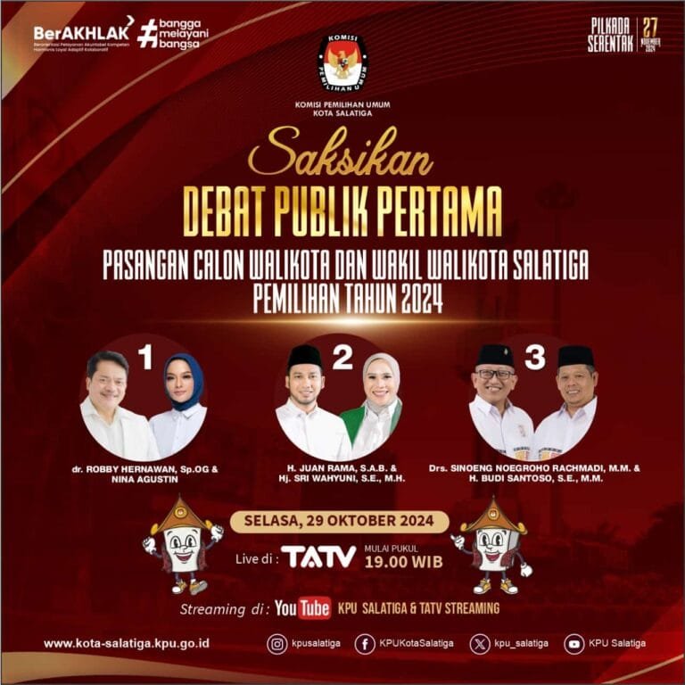 Komisi Pemilihan Umum (KPU) Kota Salatiga menyelenggarakan debat pertama Pemilihan Wali Kota (Pilwalkot) Salatiga yang berlangsung pada Selasa (29/10/2024), bertempat di Hotel Laras Asri, Kota Salatiga, dengan fokus pada perbaikan tata kelola pemerintahan dan birokrasi untuk pelayanan publik yang lebih inklusif dan berkelanjutan.