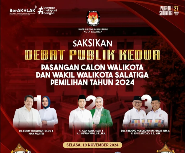 Debat kedua Pilwakot Salatiga 2024 dijadwalkan pada Selasa, 19 November 2024, pukul 19.00 WIB di Auditorium UIN Salatiga. KPU berharap pasangan calon dapat memaksimalkan persiapan untuk menyampaikan visi dan misi mereka.