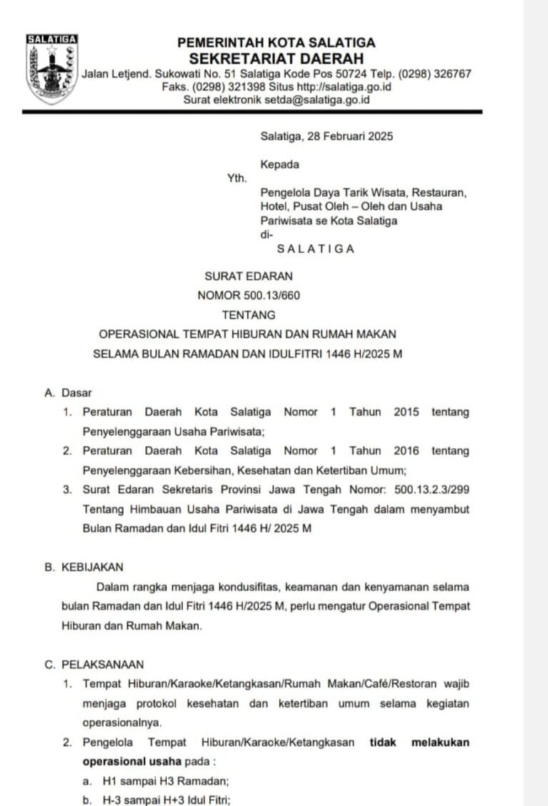Pengelola karaoke dan tempat hiburan di Salatiga menyambut baik surat edaran dari Pemerintah Kota Salatiga terkait pembatasan jam operasional selama bulan Ramadan. David, perwakilan Pengelola Karaoke Sarirejo, menyatakan bahwa aturan ini menjadi pedoman bagi pelaku usaha dalam menjalankan kegiatan selama Ramadan.