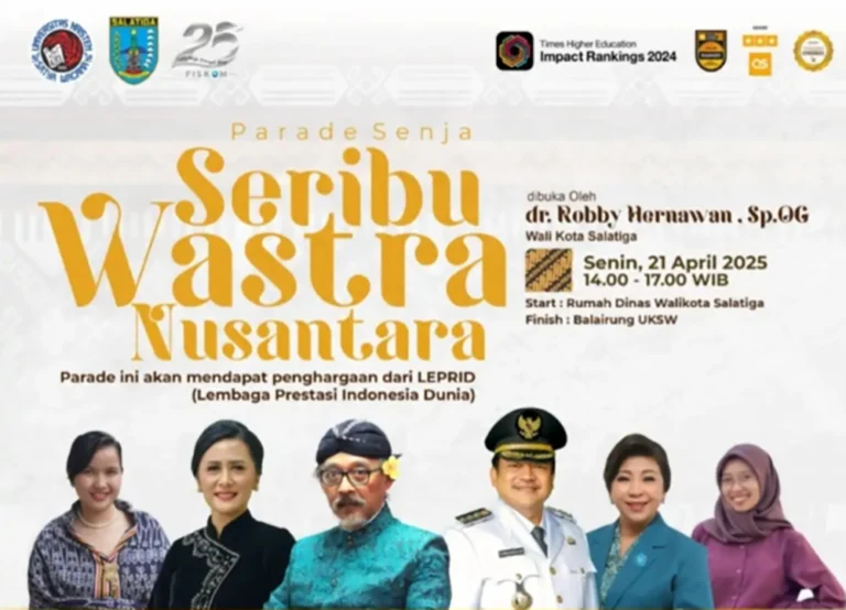 Parade dan Launching Wastra Nusantara bertajuk “Senja Seribu Wastra Nusantara di Salatiga” diselenggarakan oleh Fakultas Ilmu Sosial dan Ilmu Komunikasi (FISKOM) Universitas Kristen Satya Wacana (UKSW) dalam rangka memperingati Dies Natalis ke-25 FISKOM. Kegiatan ini digelar di Kota Salatiga pada Senin, 21 April 2025 dan melibatkan lebih dari seribu peserta dari mahasiswa, masyarakat umum, hingga perwakilan dinas dan PKK.