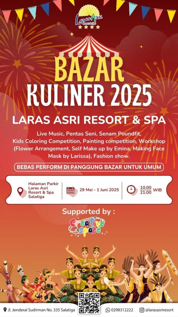 Laras Asri Resort & Spa menggelar Bazar UMKM untuk mendukung pelaku usaha lokal dalam mempromosikan produk unggulan mereka kepada masyarakat luas. Acara ini melibatkan para pelaku UMKM dan didukung langsung oleh manajemen Laras Asri, seperti Vinkan Sunggar dan Direktur Bambang Kiswanto. Bazar diselenggarakan di area Parkiran Gedung Standard Room, Laras Asri Salatiga, pada 29 Mei hingga 1 Juni 2025.