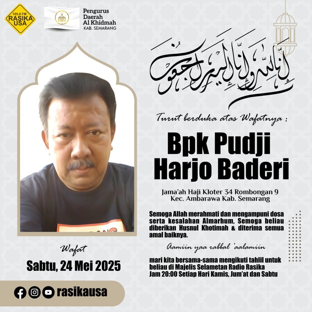 Seorang jemaah haji asal Kabupaten Semarang, Pudji Harjo Baderi (65), meninggal dunia saat menunaikan ibadah haji di Makkah, Arab Saudi, pada Sabtu, 24 Juni 2025. Pudji, warga Kecamatan Ambarawa yang tergabung dalam kloter 34 rombongan 9, wafat karena sakit setelah sebelumnya mengalami sesak dada secara berkala.