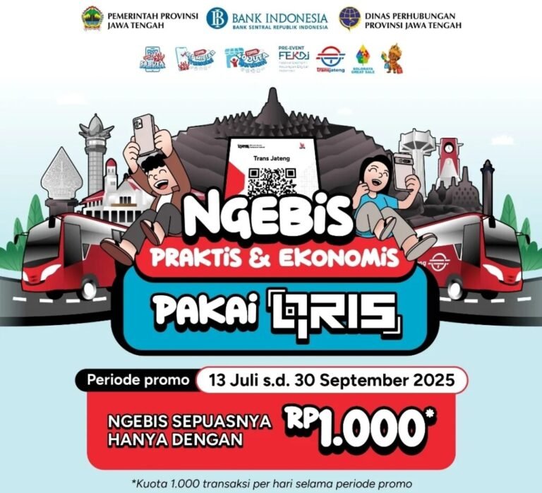Bank Indonesia bekerja sama dengan Pemerintah Provinsi Jawa Tengah menghadirkan program tarif promo naik Bus Rapid Transit (BRT) Trans Jateng hanya Rp1.000 per perjalanan dengan pembayaran melalui QRIS, yang berlangsung mulai 13 Juli hingga akhir September 2025 dan berlaku di seluruh koridor layanan Trans Jateng.