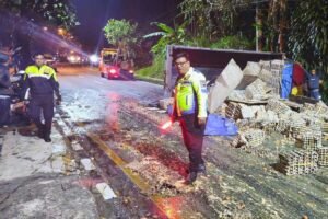 Kecelakaan tunggal truk Mitsubishi Colt Diesel terjadi di Jalan Lingkar Selatan Salatiga, Kamis pagi 4 September 2025. Truk bermuatan telur yang dikemudikan Arif Wibowo oleng karena sopir mengantuk, lalu terguling di kawasan Sumur Wali. Polisi dan BPBD segera mengamankan lokasi serta membersihkan jalan agar aman dilalui.