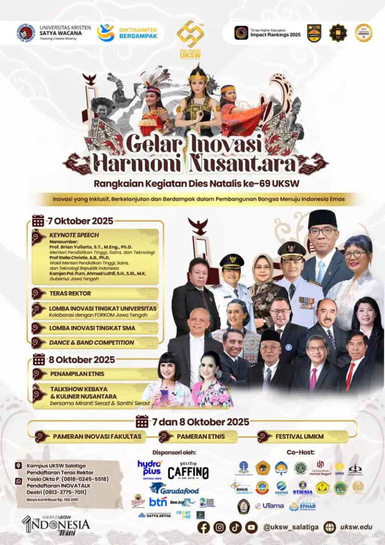 Universitas Kristen Satya Wacana (UKSW) menggelar Gelar Inovasi Harmoni Nusantara (GIHN) 2025 di Kampus UKSW, Salatiga, pada 7-8 Oktober 2025. Acara ini menghadirkan pameran inovasi, lomba, talkshow, hingga festival UMKM. Mengusung tema inovasi inklusif dan berkelanjutan, kegiatan ini bertujuan mendorong kreativitas dan kontribusi menuju Indonesia Emas.