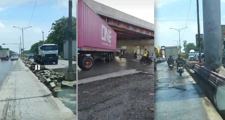 Genangan air di Jalan Kaligawe Raya, Kecamatan Genuk, Kota Semarang, mulai surut pada Senin (3/11) setelah sepekan terendam banjir. Petugas gabungan bersama Polsek Genuk memastikan jalur sudah bisa dilalui semua kendaraan, meski jalan masih licin dan bergelombang, sehingga pengendara diminta tetap waspada.