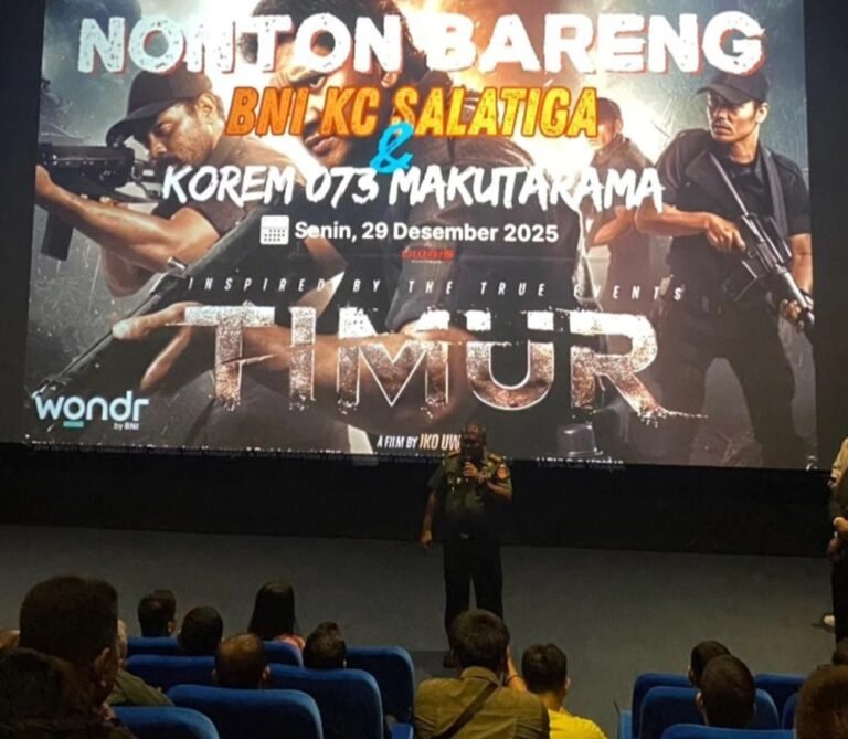 Danrem 073/Makutarama Kolonel Arm Ezra Nathanael menghadiri nonton bareng film Timur bersama BNI. Kegiatan ini digelar di Bioskop Sams Studio Blotongan, Salatiga, Jawa Tengah, pada Selasa, 30 Desember 2025. Acara bertujuan menumbuhkan nilai nasionalisme, kebersamaan, dan sinergi TNI–BNI melalui pesan moral film bertema pengabdian prajurit.