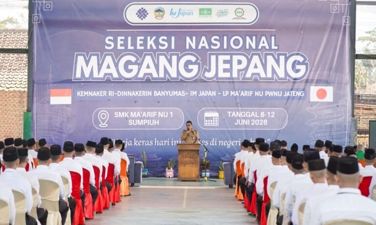 LP Ma’arif NU PWNU Jawa Tengah membuka Seleksi Nasional Magang Jepang di SMK Ma’arif NU 1 Sumpiuh Banyumas pada 8–12 Juni 2026. Program kerja sama dengan IM Japan tersebut diikuti ratusan peserta sebagai upaya meningkatkan kompetensi, membuka peluang kerja internasional, sekaligus membentuk tenaga kerja berkarakter dan berdaya saing global.