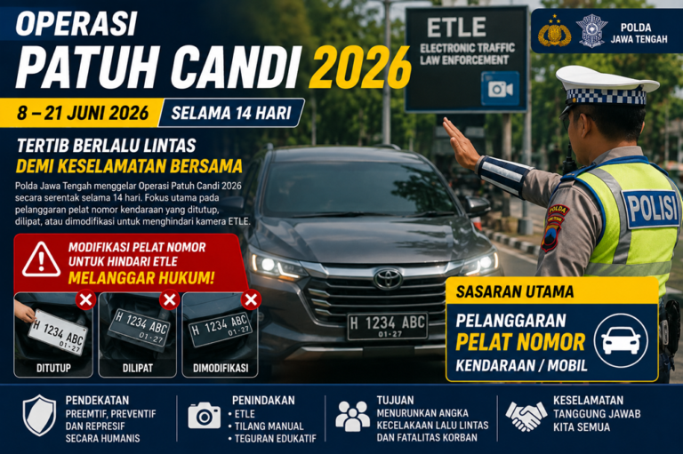 Polda Jawa Tengah akan menggelar Operasi Patuh Candi 2026 pada 8-21 Juni 2026 untuk meningkatkan disiplin dan keselamatan berlalu lintas. Selain edukasi dan pencegahan, polisi juga menindak pelanggaran melalui ETLE dan tilang manual, termasuk penggunaan pelat nomor kendaraan yang ditutup, dilipat, atau dimodifikasi demi menghindari kamera pengawas lalu lintas.
