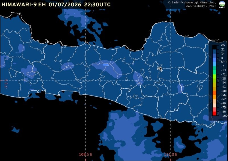 Badan Meteorologi, Klimatologi, dan Geofisika (BMKG) memprakirakan cuaca Semarang dan Jawa Tengah pada Kamis, 2 Juli 2026, didominasi kondisi cerah hingga cerah berawan. Hasil pengamatan pukul 05.30 WIB mencatat suhu udara Semarang 24,4 derajat Celsius dengan kelembapan 85 persen, sementara hujan ringan berpotensi terjadi tidak merata di kawasan pegunungan dan dataran tinggi pada sore hingga awal malam.