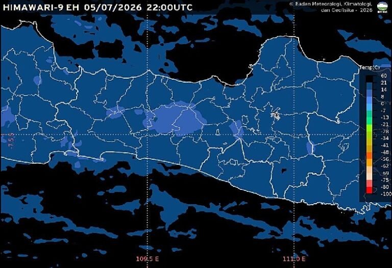 Badan Meteorologi, Klimatologi, dan Geofisika (BMKG) memprakirakan cuaca Semarang dan sebagian wilayah Jawa Tengah pada Senin, 6 Juli 2026, didominasi kondisi cerah hingga cerah berawan. Hasil pengamatan pukul 05.00 WIB mencatat suhu udara Semarang 26,2 derajat Celsius dengan kelembapan 85 persen, sementara angin timur bertiup 5 kilometer per jam.