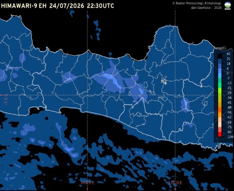 Badan Meteorologi, Klimatologi, dan Geofisika (BMKG) memprakirakan cuaca Semarang dan Jawa Tengah pada Sabtu, 25 Juli 2026, didominasi kondisi cerah hingga cerah berawan. Hasil pengamatan pukul 05.30 WIB menunjukkan suhu udara di Semarang mencapai 20,8 derajat Celsius dengan kelembapan 80 persen, sementara BMKG mengingatkan potensi kemudahan kebakaran hutan dan lahan akibat cuaca yang cenderung kering.